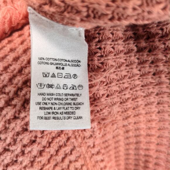 Free People Open Shoulder Waffle Knit Sweater Women's L Apricot Cotton Fringe - Picture 4 of 10